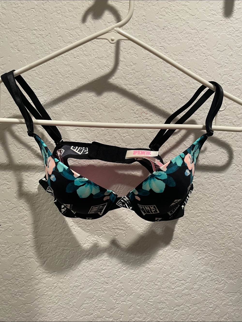 PINK Victoria's Secret Black Bra with Teal and Pink Floral Print